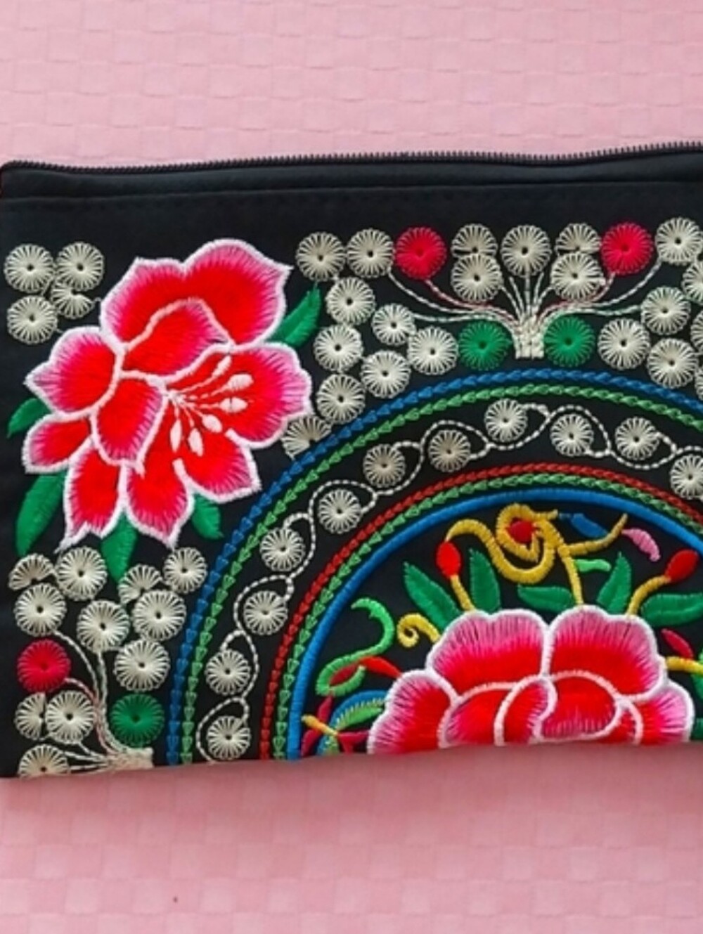 Brand New Embroidered Floral Black Wristlet Clutch - Pink Accent